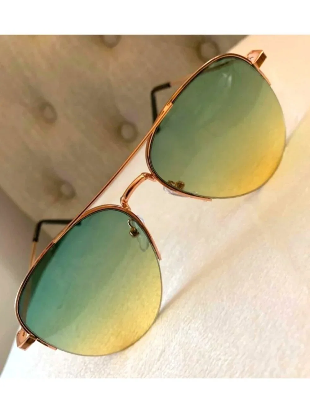Aviator Style Sunglasses W/ Rose Gold Frame & Green/Yellow Gradient Lens Unisex